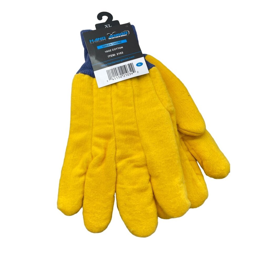 Hand Armor Green Chore Gloves Size XL 18oz Cotton Yellow Blue Outdoor Work NEW
